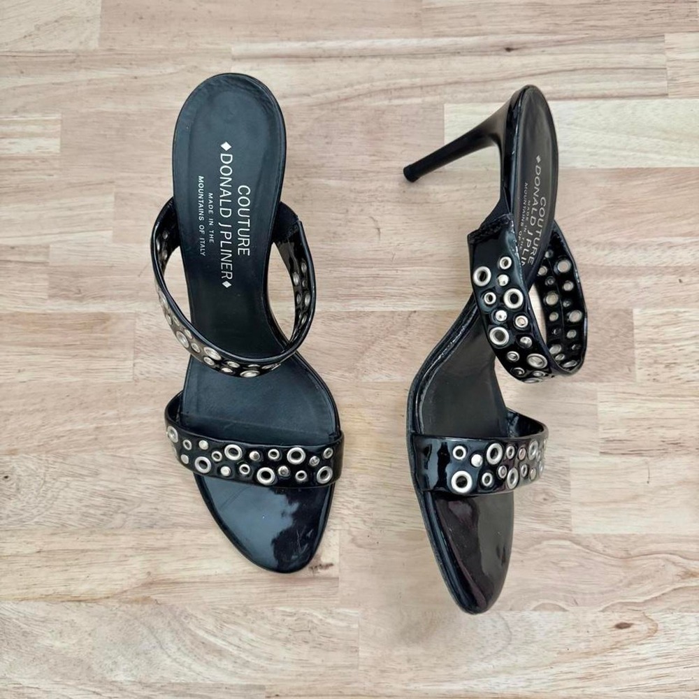 Black Size 9 Italian leather silver grommet stud mule glam strappy designer